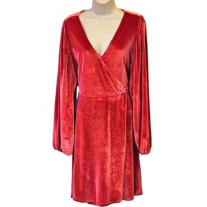Harlow & Rose Dark Coral Pink Velour Faux Wrap Long Sleeve Midi Dress, Large